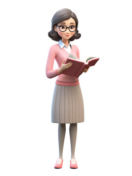 3D character woman teacher holding a book, pastel colored outfit, full body standing pose isolated on transparent background