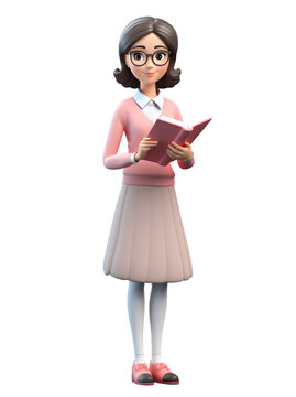 3D character woman teacher holding a book, pastel colored outfit, full body standing pose isolated on transparent background
