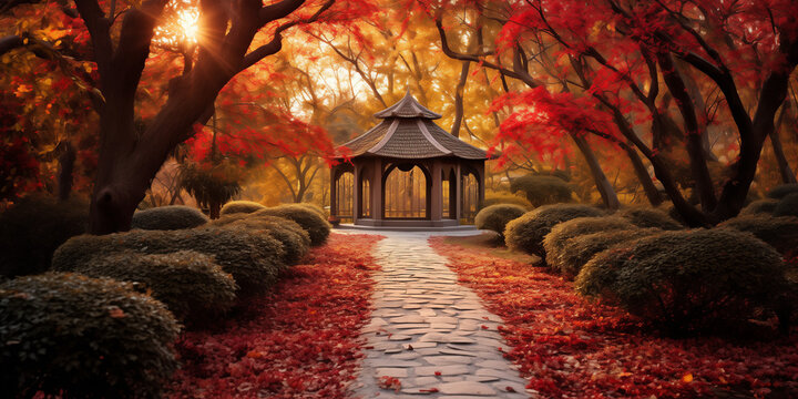  A tranquil garden pathway bordered by bushes ablaze with red and gold leaves, leading to a hidden gazebo.