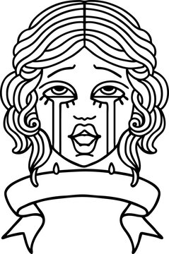 recommend clip art: traditional black linework tattoo with banner of a very happy crying female face