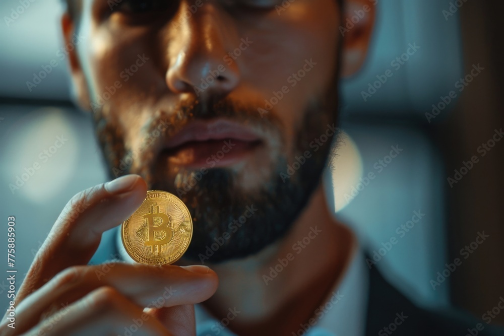 Poster a man in a suit holding a bitcoin. suitable for financial concepts