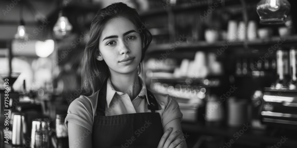 Poster A woman standing in front of a shelf filled with bottles. Suitable for various commercial and retail concepts
