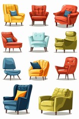 A variety of different colored chairs and couches. Suitable for furniture store promotions