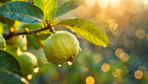 Close-up of ripe guava growing on branch with green leaves and water drops. Garden fruit tree.