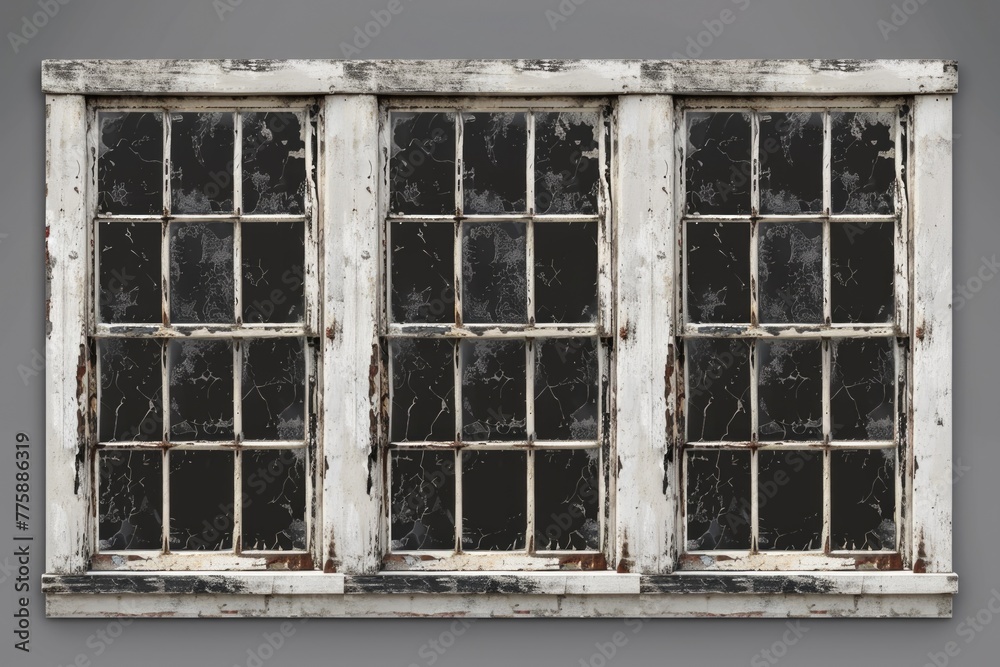 Poster An old window with broken panes of glass. Suitable for historical or abandoned themes