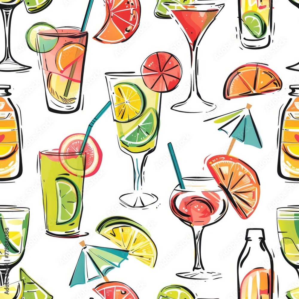 Poster various beverages on a clean white surface, suitable for product display