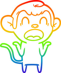 rainbow gradient line drawing of a shouting cartoon monkey shrugging shoulders