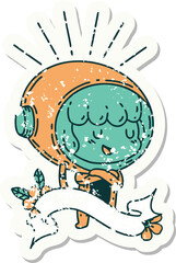 worn old sticker of a tattoo style woman in astronaut suit