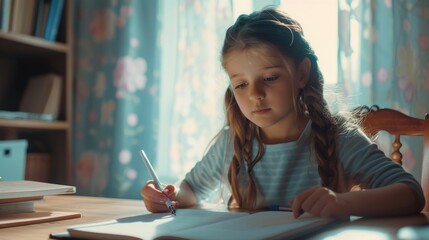 A young girl sitting at a table writing, suitable for educational or creative concepts