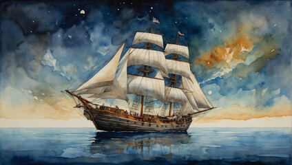 A gracefully sailing Mesmeric Whimsical Satellite Schooner, its sails billowing with fantastical patterns and colors that seem to dance in the wind. - obrazy, fototapety, plakaty