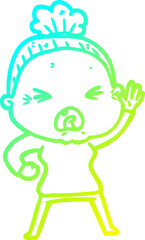 cold gradient line drawing of a cartoon angry old woman