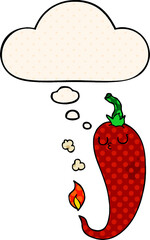 cartoon hot chili pepper with thought bubble in comic book style