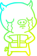 cold gradient line drawing of a cartoon pig crying over christmas present