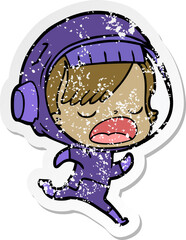 distressed sticker of a cartoon running astronaut