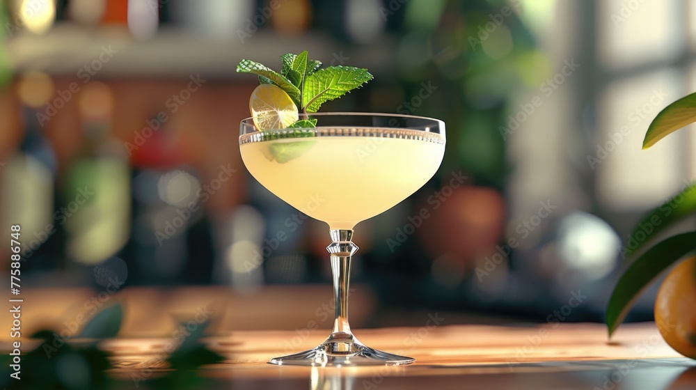 Poster a glass filled with a drink on a table. suitable for food and beverage concepts