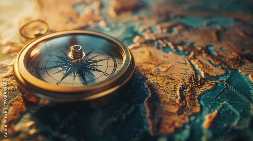 Poster close up of a compass on a map, perfect for travel concepts