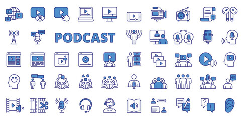 Fototapeta na wymiar Podcast icons in line design, blue. Streaming, interviews, broadcasting, microphone, podcaster, broadcasts, talk, guests, podcasting isolated on white background vector. Podcast editable stroke icons