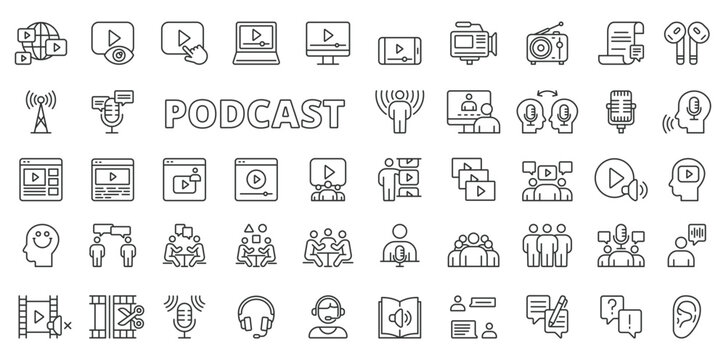 Podcast icons in line design. Streaming, interviews, broadcasting, microphone, podcaster, broadcasts, talk, guests, podcasting isolated on white background vector. Podcast editable stroke icons