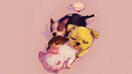 A group of diverse pets snuggled together for a nap.


