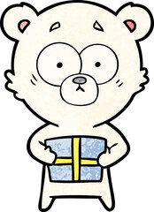 nervous polar bear cartoon with gift