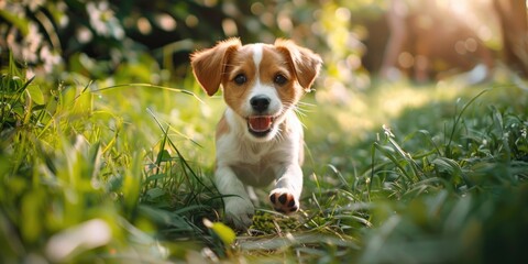 A brown and white dog running through a lush green field. Suitable for pet-related designs