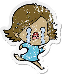 distressed sticker of a cartoon woman crying