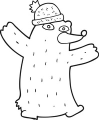 freehand drawn black and white cartoon bear wearing hat