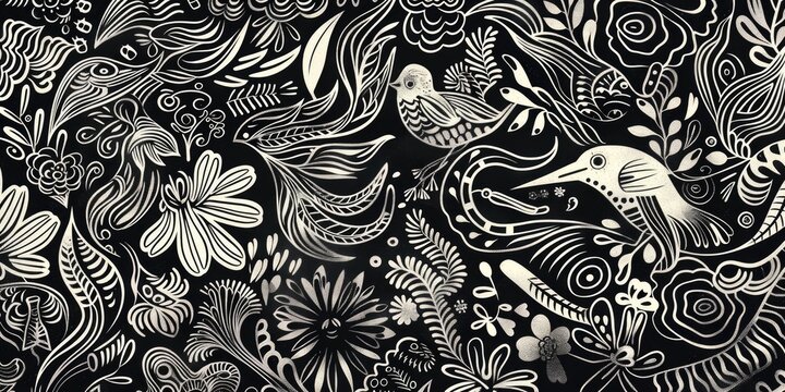 Detailed black and white illustration of birds and flowers. Suitable for various design projects