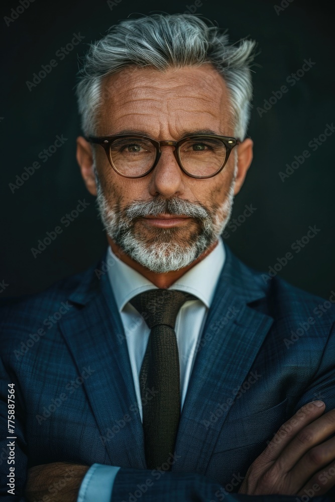 Poster a man in a suit and tie posing for a picture. suitable for business and professional concepts