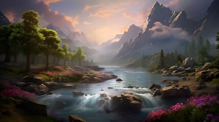 Panoramic view of a beautiful lake surrounded by mountains at sunset