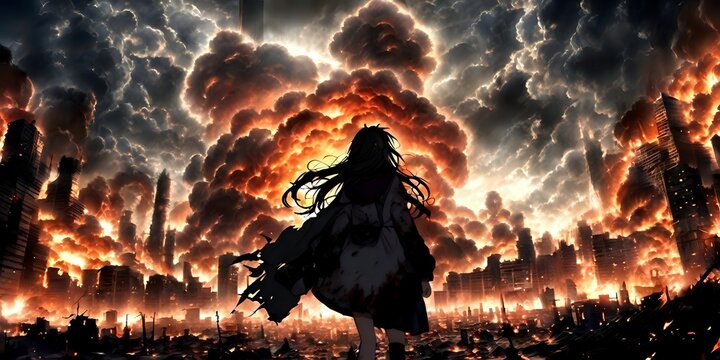 Anime girl on background of explosions, anime wallpaper illustration, digital art