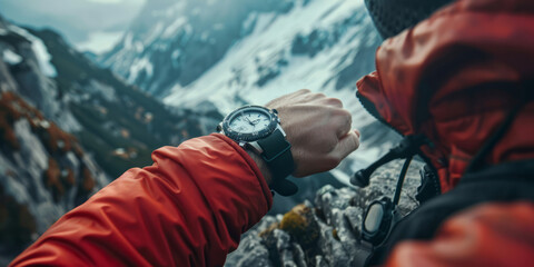A luxurious wristwatch is demonstrated on the wrist of a climber with snowy alpine peaks in the background, emphasizing the concept of time in nature
