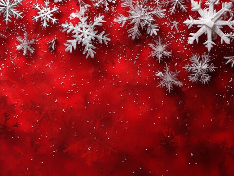 Festive red background with delicate snowflakes and space for text or image, perfect for holiday designs