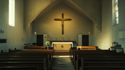Interior of a church with wooden pews and a cross on the wall. Suitable for religious themes and spiritual concepts - obrazy, fototapety, plakaty