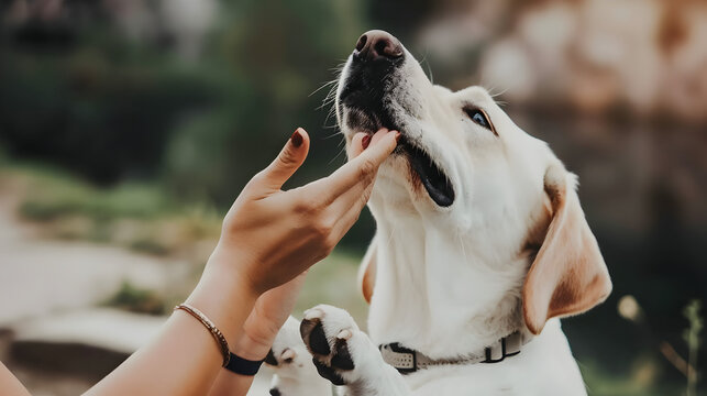 A pet owner training their dog with positive reinforcement techniques.


