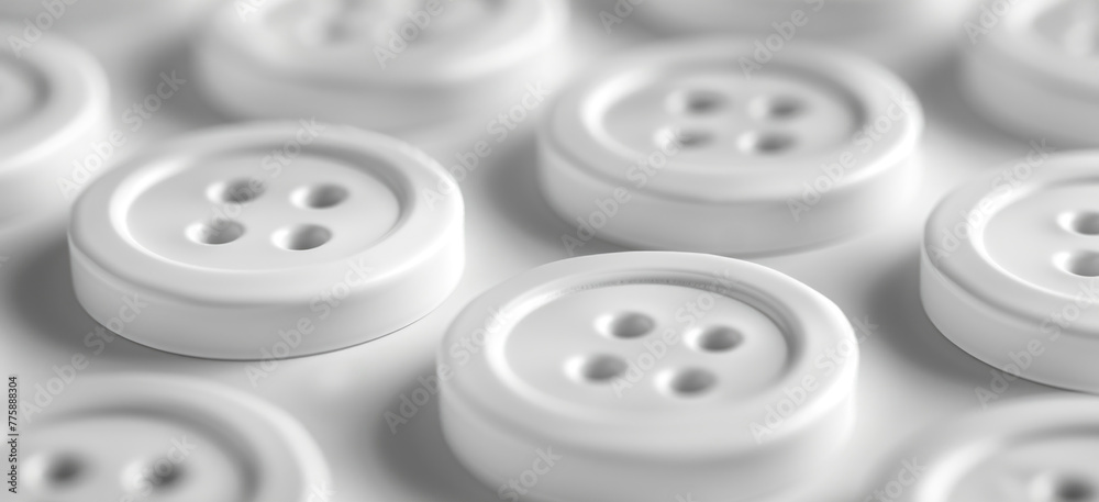 Poster white buttons arranged on a table, suitable for sewing or crafting projects