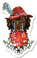 Retro Tattoo Style crying human bard with natural one D20 dice roll