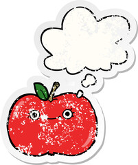 cute cartoon apple with thought bubble as a distressed worn sticker