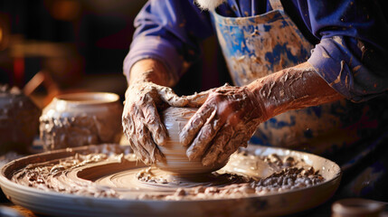 A potter's hands shaping a lump of clay into a beautiful vase on a spinning wheel. - obrazy, fototapety, plakaty
