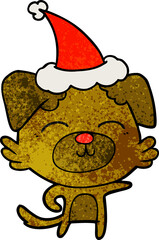 hand drawn textured cartoon of a dog pointing wearing santa hat