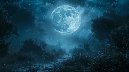 Night Landscape, A serene night scene with a full moon illuminating a forest path. - obrazy, fototapety, plakaty