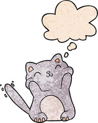cartoon cat with thought bubble in grunge texture style