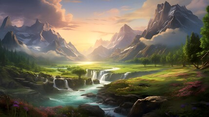 Fantastic panoramic landscape with mountain river and beautiful sky