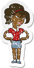 retro distressed sticker of a cartoon woman with hands on hips