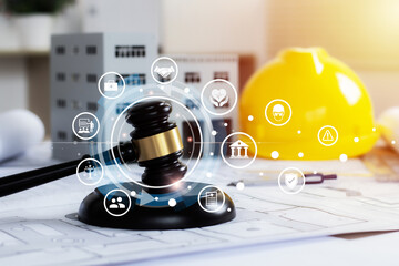 Construction law, Labour law and Work Safety concept. Yelow color engineer safety hardhat, judge...