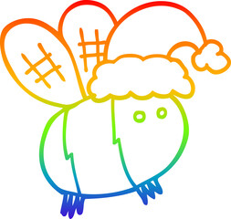 rainbow gradient line drawing of a cute cartoon bee wearing christmas hat