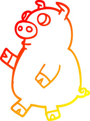 warm gradient line drawing of a cartoon funny pig