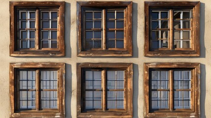 Fototapeta premium Four wooden windows on a stucco wall, suitable for architectural projects