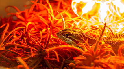A reptile basking in the warmth of a heat lamp in its terrarium.


