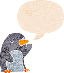 cartoon penguin with speech bubble in grunge distressed retro textured style